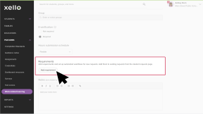 A student opportunity is opened and scrolled towards the bottom. The Requirements section is highlighted with the cursor clicking Add requirement.